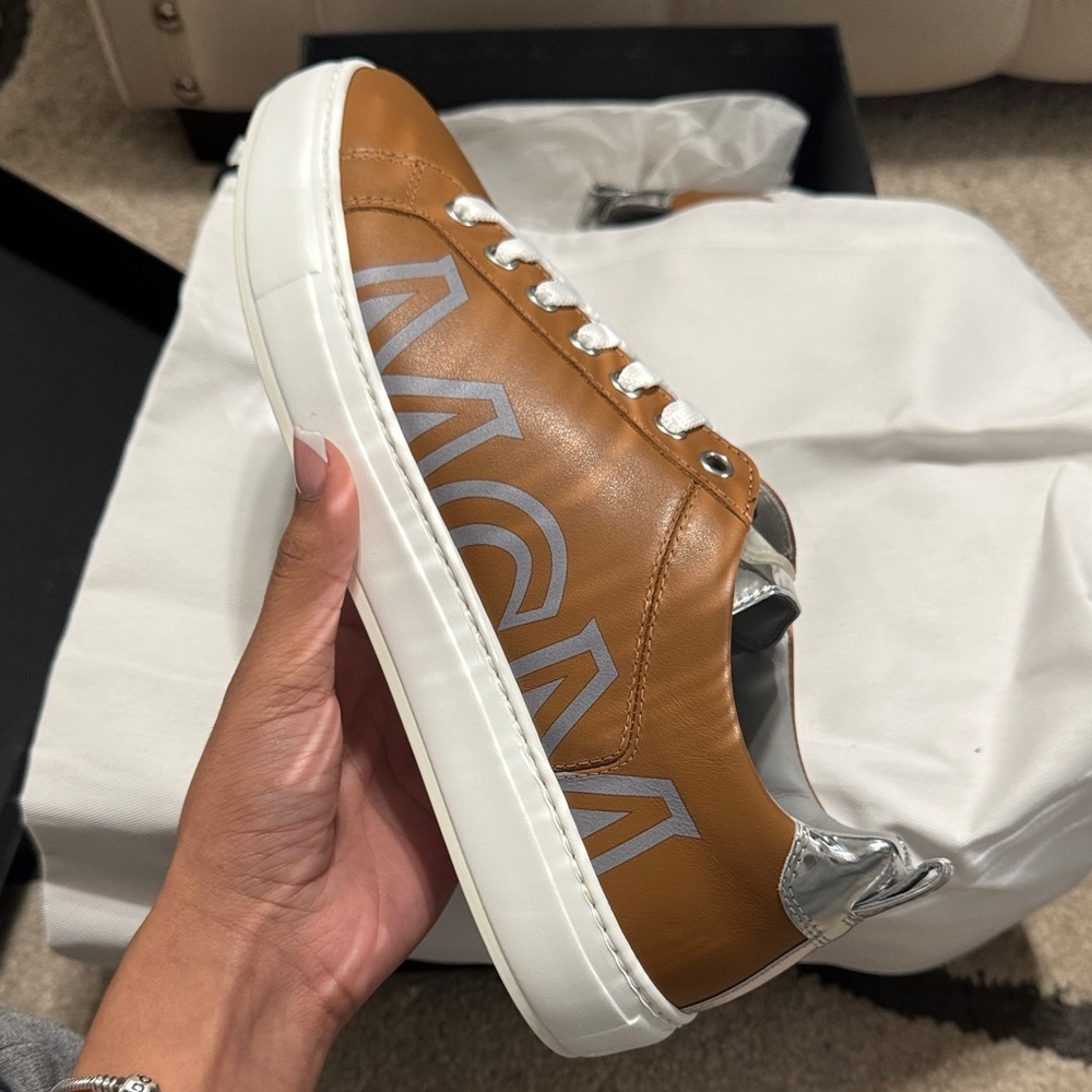 MCM Men's Tan Leather Sneakers with Silver Accents